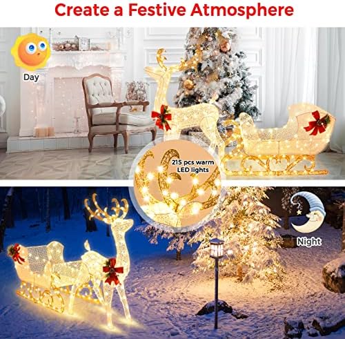 Tangkula 6 FT Christmas Lighted Reindeer & Santa’s Sleigh Set, Warm White