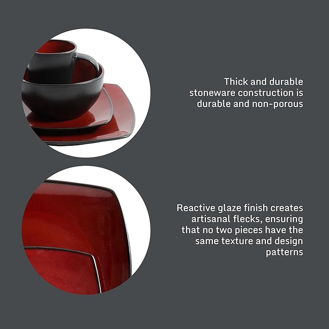 Gibson Elite Soho Lounge Square 16-Piece Dinnerware Set, Service for 4, Reactive Glaze Stoneware Plates and Bowls, Modern Dishes, Microwave & Dishwasher Safe – Red and Black