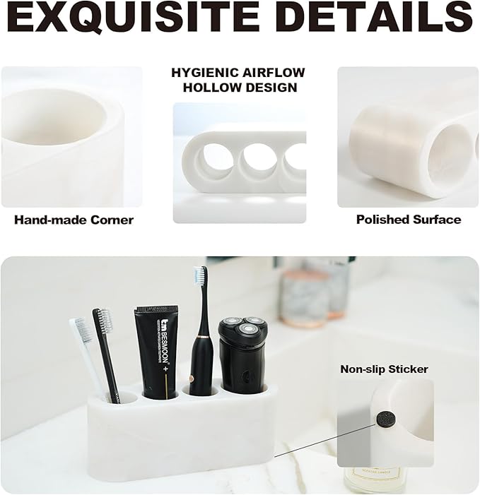 BCS Toothbrush Holder for Bathrooms, 4 Slots Marble Toothbrush and Toothpaste Holder Stand Bathroom Organizer Countertop for Electric Toothbrush, Floss, Razor, Comb - Karibib Ice