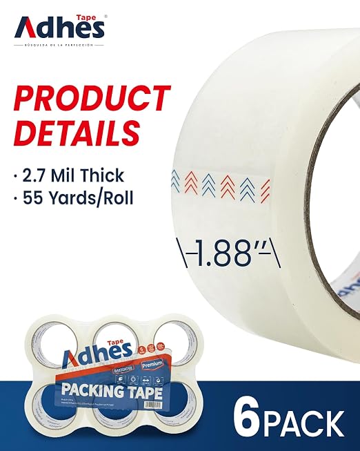 ADHES Packaging Tape 2.7MIL Heavy Duty Packing Tape Mailing Tape, 6 Rolls, 1.88" x 165 ft (55 Yards) Clear Shipping Tape, Ultra-Strong & Durable for Packaging, Moving, Mailing, and Sealing