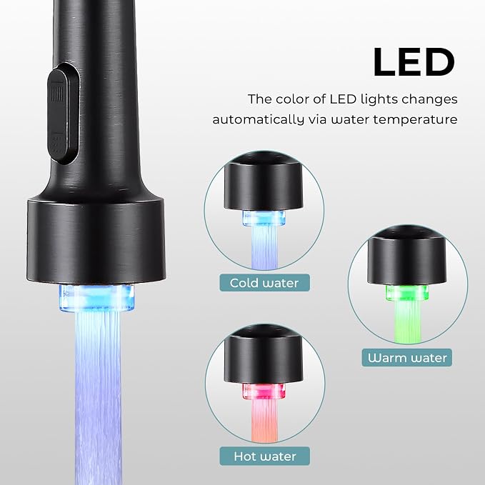 Kitchen Faucet with LED Pull Down Sprayer ORB | 2-mode sprayer, 360° high arc spout, 304 SS build, drip-free valve, fingerprint-resistant, DIY install, 500K cycle tested