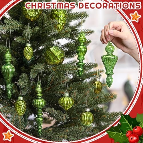 Vercraft 20 Pcs Vintage Mercury Glass Finial Christmas Ornament, Lime Green