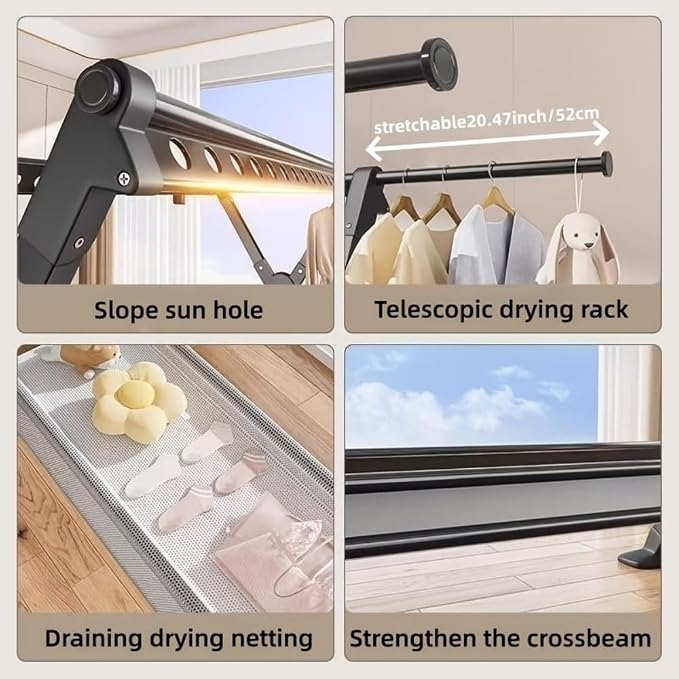 Telescopic Folding Floor Clothes Drying Rack, Thickened Steel Pipe, Household Balcony & Outdoor Clothes Hanging Rod with Drying Net (Large)