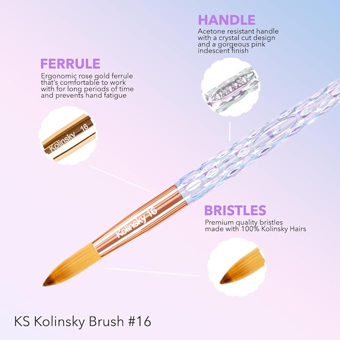 Kiara Sky Kolinsky Acrylic Nail Brush #16 – Pure Kolinsky Sable Hair, Iridescent Crystal Handle, Acetone Resistant, for Acrylic Application, Extensions & 3D Nail Art