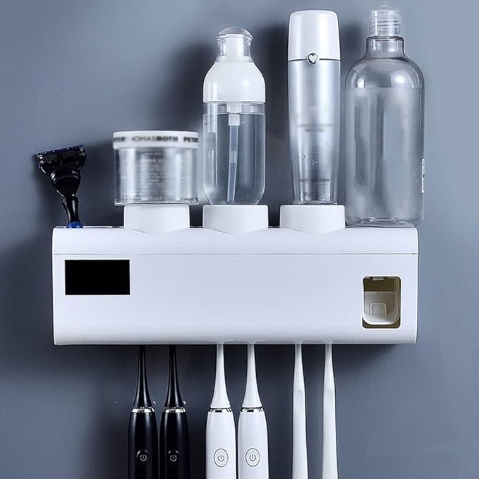 Toothbrush Rack Wall-Mounted Smart Toothbrush Holder No Punch Storage Rack 6 Toothbrush Slots, with Toothpaste Dispenser and Mouthwash Cup Bathroom Toothbrush Holder(B)