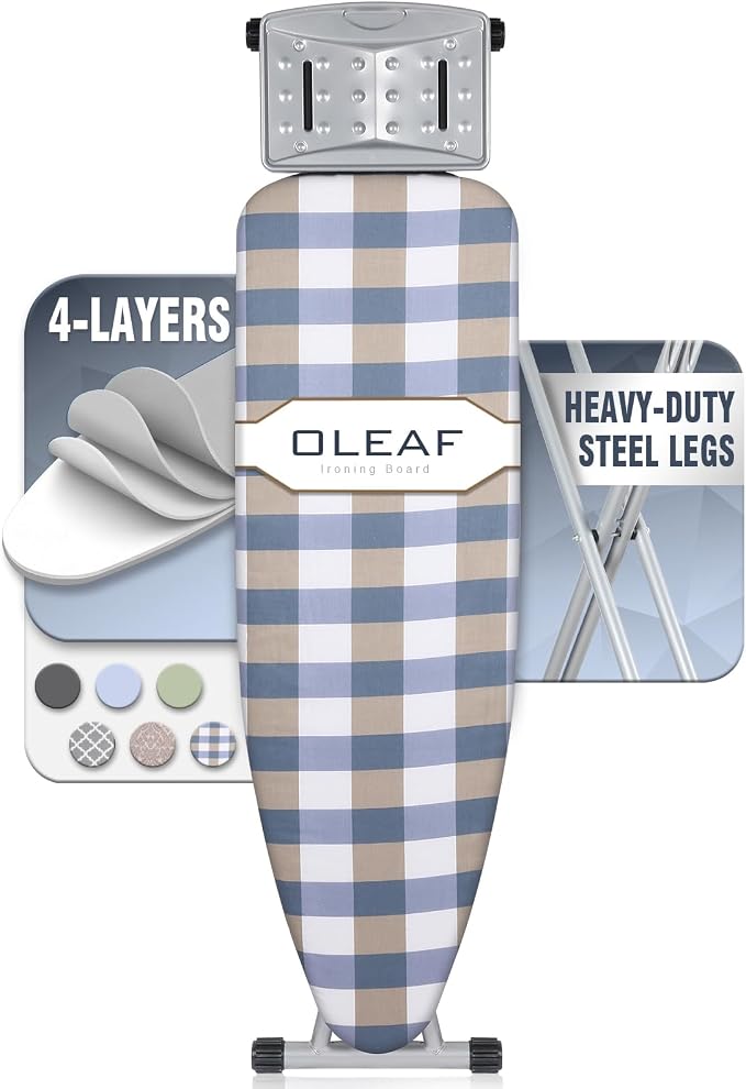 oleaf Ironing Board with Cover and Thicken Pad Height Adjustable Full Size Foldable Iron Board with Iron Rest, Stable Steel Legs, Metal Construction, Heat Resistant, Blue and Yellow Checkered