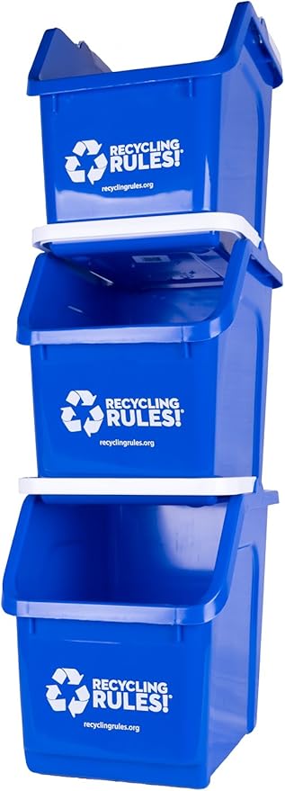 Recycling Rules! 6 Gallon Stackable Recycling Bin Container in Blue, Eco-Friendly BPA-Free Handy Recycler with Handle, 3-Pack