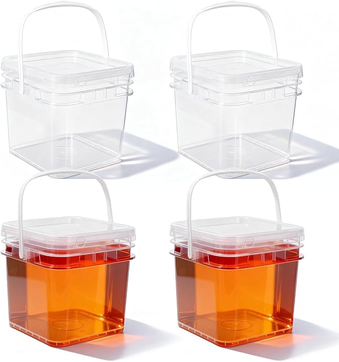 Food Storage Buckets with Lids - 4 Set Square Clear Plastic Containers, Airtight Pressure Seal & Handle for Kitchen Freezer Prep (Clear, 34 oz)