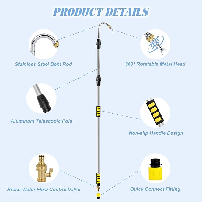 20FT Reach Gutter Cleaning Tools from Ground, 12FT Telescoping Gutter Cleaning Wand with 360° Rotating Metal Nozzle, Brass Valve, Hose Attachment for Garden Hose