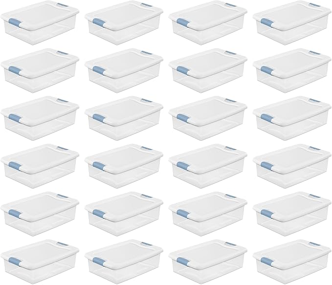 Sterilite 24-Pack Latching Box, Clear Plastic Under Bed Storage Bins with Lids, 32 Quart - Large Stackable Tote Organizer Containers for Closet, Bedroom, Bathroom, and Office Organization