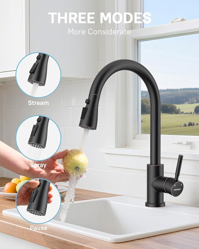 WEWE Kitchen Faucet with Pull Down Sprayer and Soap Dispenser, Oil Rubbed Bronze High Arc Single Handle Stainless Steel Sink Faucet, Suitable for Farmhouse, RV & Laundry