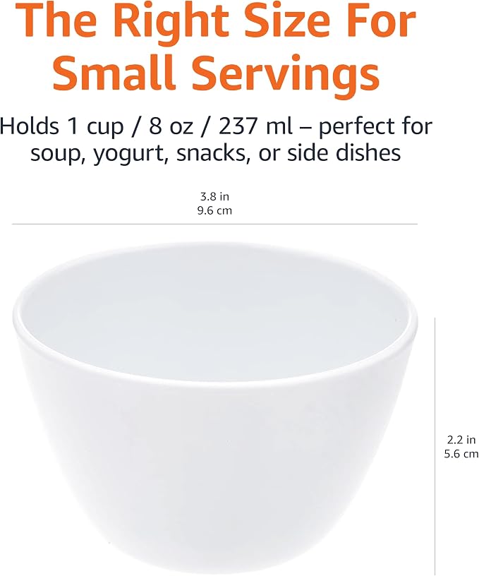 Amazon Basics Melamine Small Bowls for Sauces, Dessert, Round Serving Bowls, BPA Free, Dishwasher Safe, 8 oz, White, 6-Piece Set
