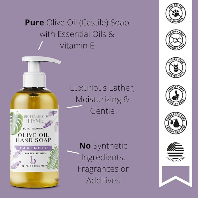 Brittanie’s Pure Castile Liquid Soap Refill, Lavender, 12 Ounce 3 Pack | Dish Soap, Hair & Body, Home, Gentle and Pure, Made with Natural Luxurious Oils, Vegan & Gluten Free Non-GMO