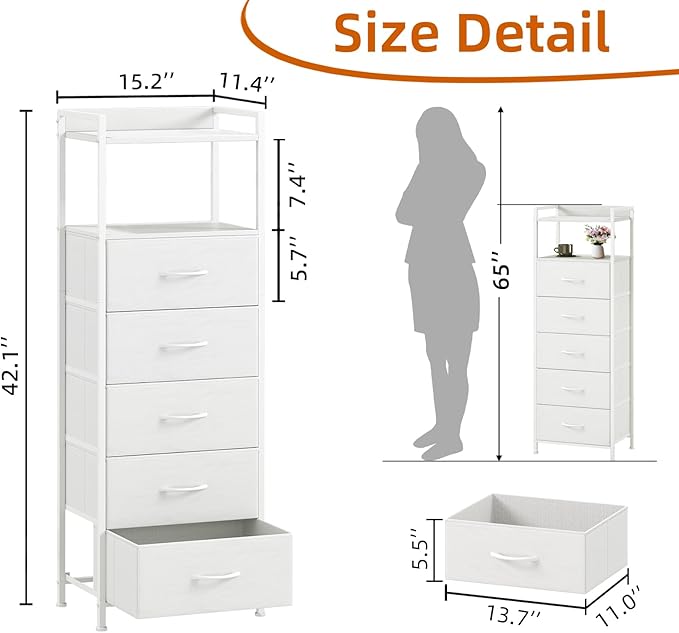 Somdot Tall Dresser for Bedroom, 5 Drawers Nightstand Vertical Storage Tower Unit, Night Stand Furniture with Fabric Drawer Organizer in Bedside Hallway, Entryway, Kids Room, Closet, White Leather
