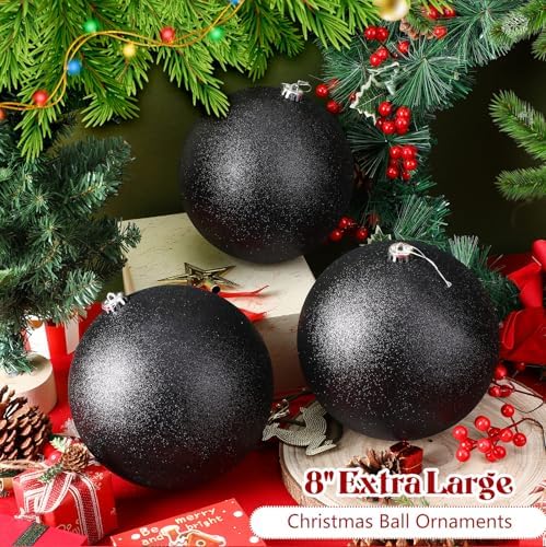 Zubebe 6 Pcs 8" Jumbo Christmas Ball Ornaments Lawn,Black Glitter