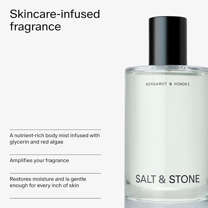 Salt & Stone Body Mist | Bergamot & Hinoki | Skincare Infused Hair & Body Spray for Women and Men | Hydrating Fragrance with Glycerin and Red Algae | Vegan, Cruelty Free, 3.4 fl oz