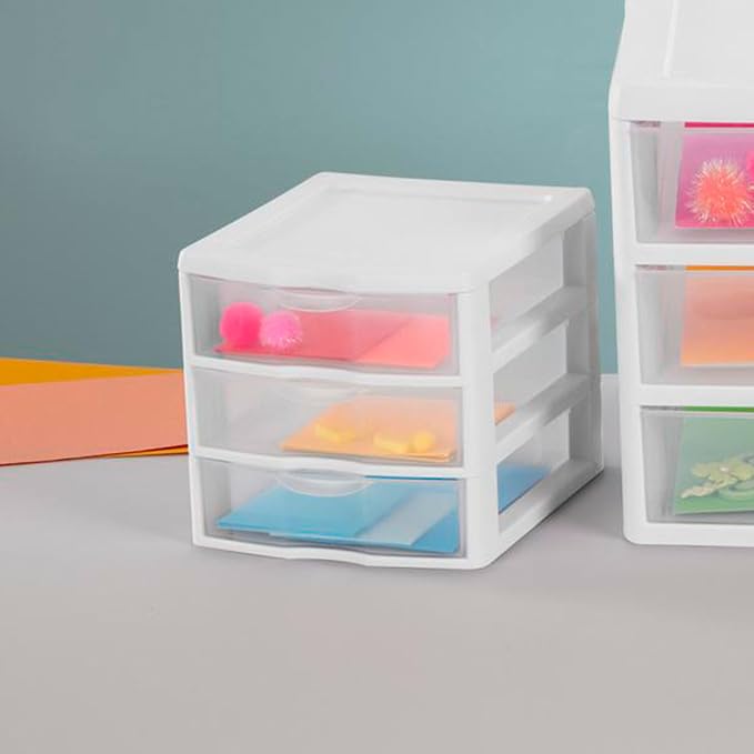 Sterilite Clearview Plastic Multipurpose Small 3 Drawer Desktop Storage Organization Unit for Home, Classrooms, or Office Spaces, White, 6 Pack