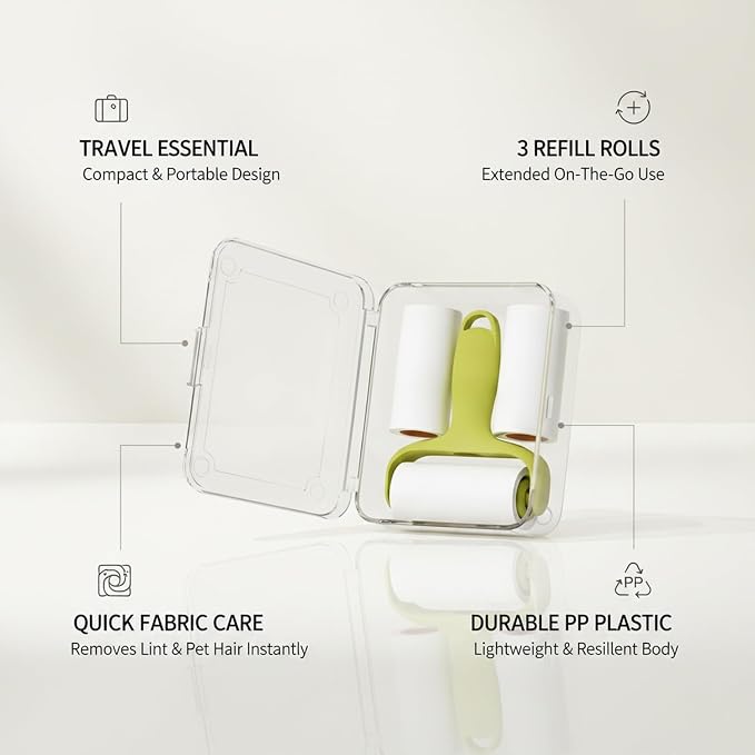 Lint Remover Mini Roller with 3 Refills, Compact Adhesive Fabric Cleaner for Travel and Daily Use, Durable PP Plastic Handle