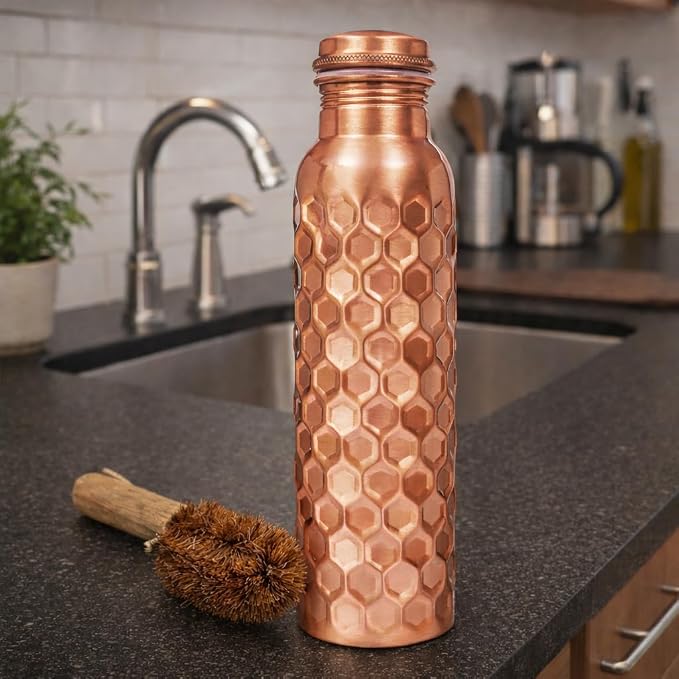100% Pure Copper Water Bottle for Drinking, 32 Oz Large Diamond Ayurvedic Copper Bottle with Cleaning Brush, leak-proof water Vessel_Diamond