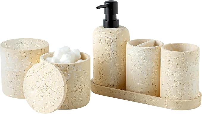 Bathroom Accessories Set, Travertine Stone-Look, 6 PCS, Yellow | Bathroom Accessory Set with Soap Dispenser, Toothbrush Holder, Tumbler, Vanity Tray, Cotton Swab Jars for Countertop