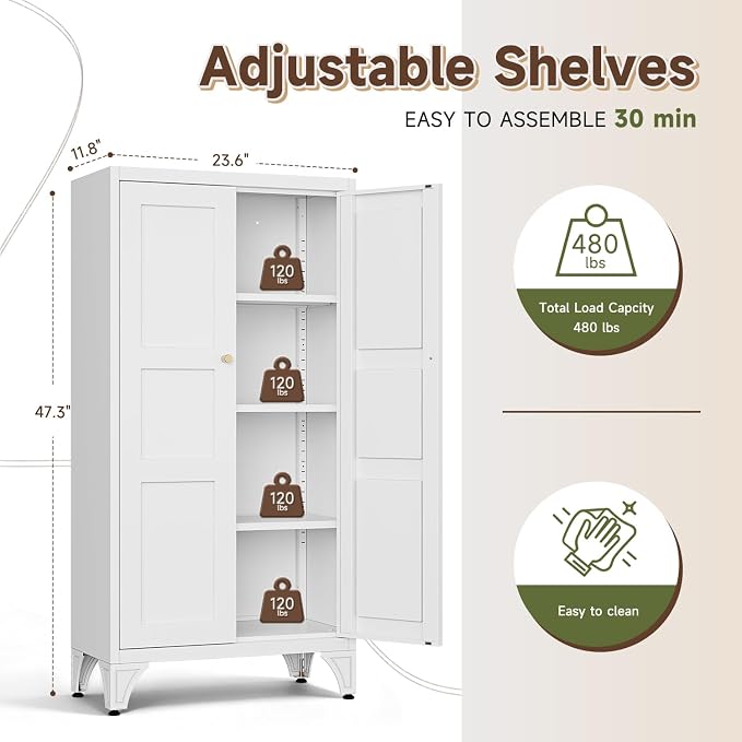 Metal Storage Cabinet with Doors and Shelves,47.3" H Bathroom Floor Kitchen Pantry Utility Cupboard Dining Home Office/Garage Organizers,White