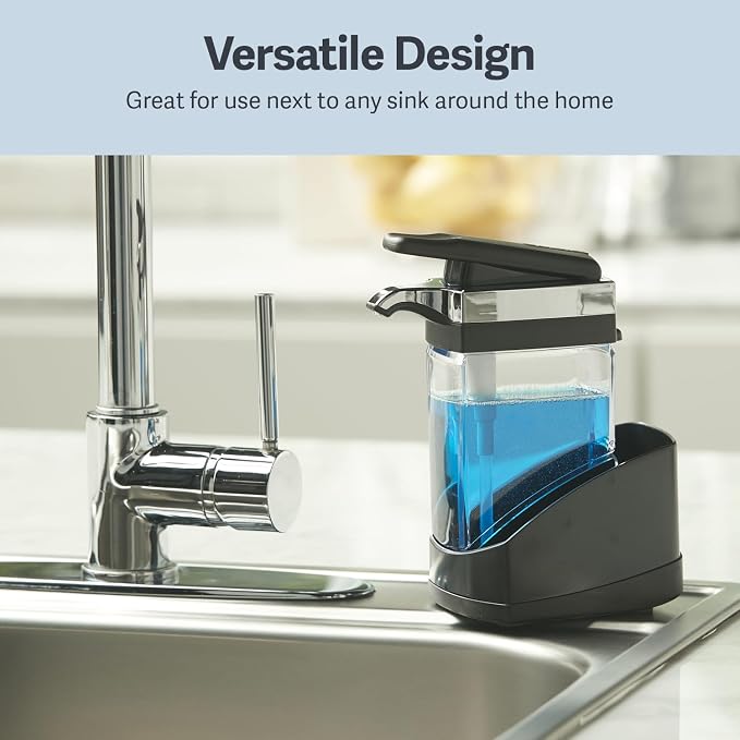 Casabella Sink Sider Solo Kitchen Soap Pump and Sponge Caddy, Black/Chrome - 2-in-1 Soap and Sponge Caddy, One-Hand Soap Dispensing, Easy to Refill and Clean, Efficient Size (Pack of 6)