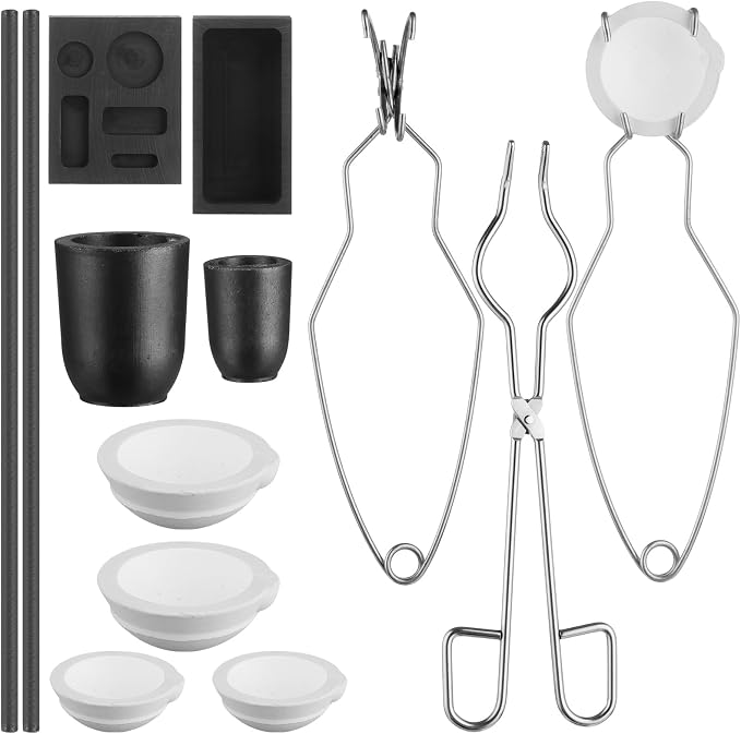 13Pcs Graphite Torch Melting Casting Kit, 5-in-1 Ingot Mold Crucibles Tongs | Quartz Dish Cups Stir Rods Set for Gold Silver DIY Jewelry Metalsmithing