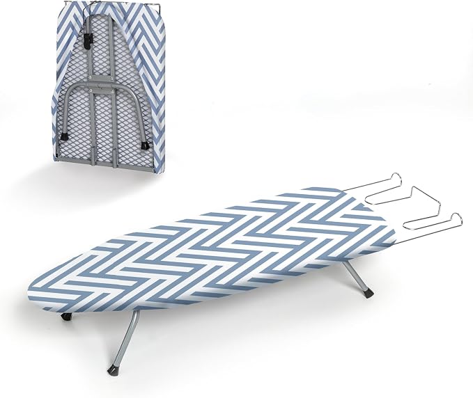 Small Tabletop Ironing Board Foldable, RAINHOL Steel Mesh Portable Iron Board for Dorm and Apartment, with Iron Rest and Heat-Resistant Cotton Cover, 32" x 12", Blue and White Stripes