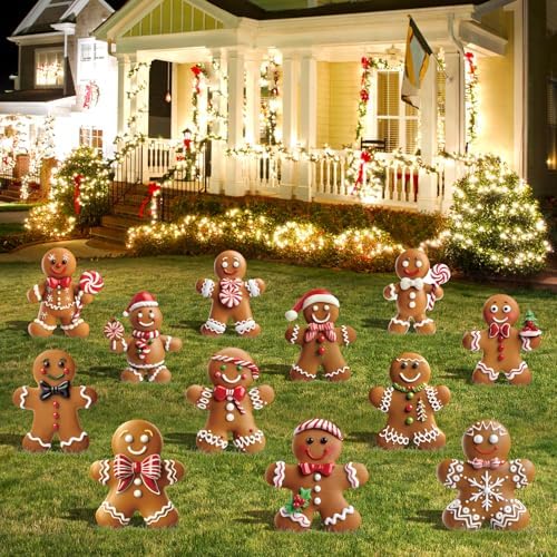 12 Pcs Christmas Gingerbread Man Yard Signs with Stakes - Xmas Gingerbread Yard Stakes Lawn Signs for Christmas Holiday Pathway Garden Patio Party Favors
