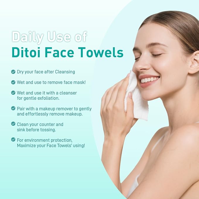 Ditoi Face Towels XXL, Ultra‑Soft Disposable Facial Towels | 10"×12" Thick Face Cloths for All Skin Types, Lint-free Dry Wipes for Skincare, Makeup Removal and Cleansing,100 Count