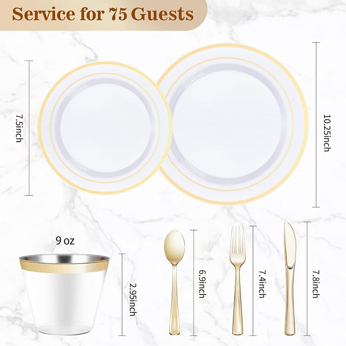 BESTVIP 450PCS Gold Dinnerware Set for 75 Guests, Plastic Plates for Party, 75 Gold Disposable Plates, 75 Dessert Plates, 75 Cups, 75 Spoons, 75 Forks and 75 Knives