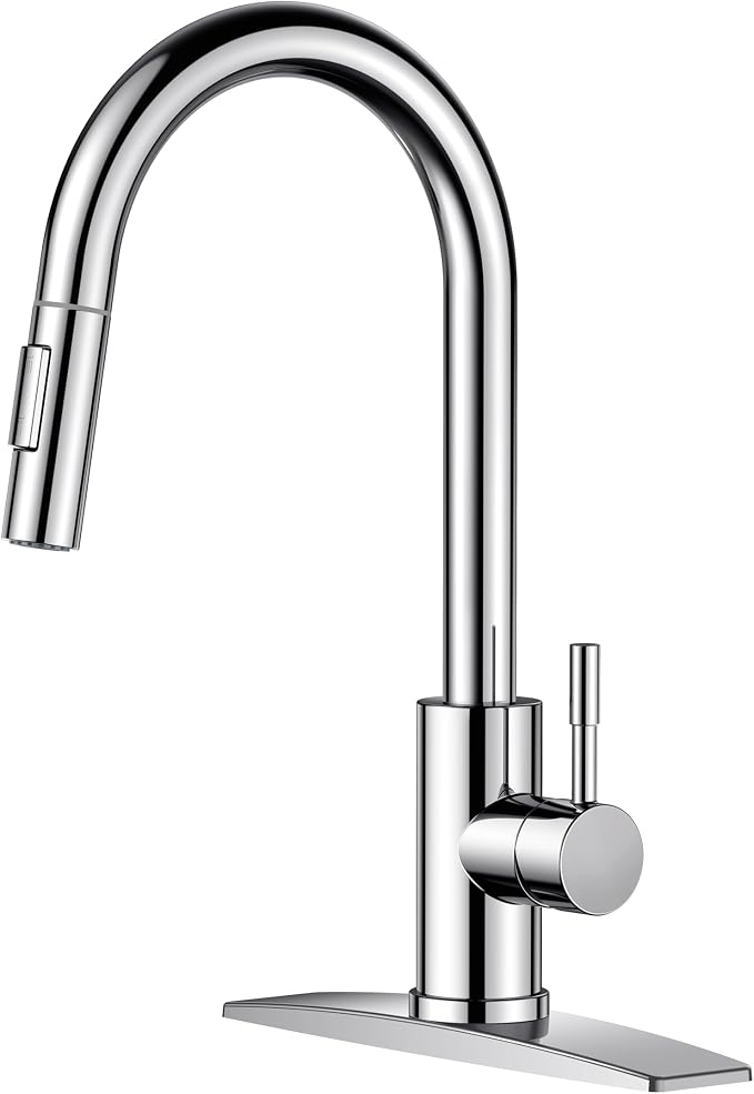 FORIOUS Chrome Kitchen Faucet with Pull Down Sprayer, High Arc Modern Classic Sink Faucet Stainless Steel with Deck Plate Fit for 1 or 3 Hole for Pot Filler Bar Farmhouse Laundry Rv