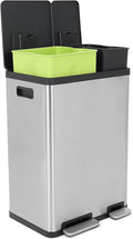 60 Liter / 16 Gallon Rectangular Hands-Free Dual Compartment Recycling Kitchen Step Trash Can with Soft-Close Lid, Brushed Stainless Steel (38L x 22L Capacity)