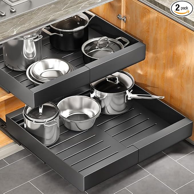2 Pack Pull out Cabinet Organizer, Expandable(12"-20") Heavy Duty Slide out Drawer Fixed with Adhesive Nano Film for Pots, Roll out Shelf Storage for Kitchen Organization, Pantry, Bathroom(Black)