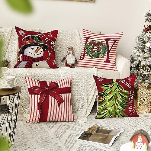 AVOIN colorlife Merry Christmas Let It Snow Joy Stripes Gift Box Red Throw Pillow Covers, 16 x 16 Inch Xmas Tree Holiday Cushion Case Decoration for Sofa Couch Set of 4