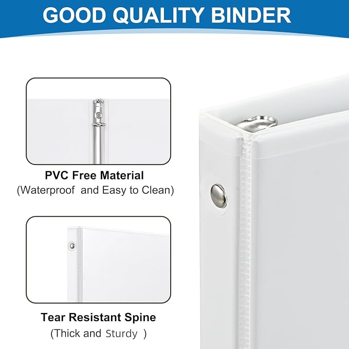 Durable 1/2 Inch 3-Ring Binder, 0.5-inch Round Ring Binder with 2 Inside Pockets, 12 Pack White Binders, Clear View CoverBinder Holds 8.5'' x 11''Paper for Office/Home/Back to School