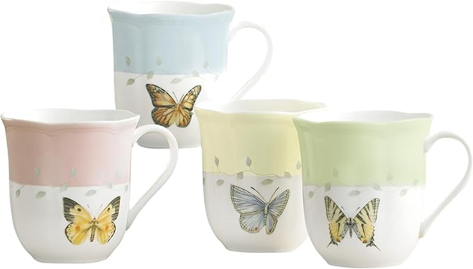 Lenox Butterfly Meadow Colors Porcelain Mug Set for 4, 12oz | Dishwasher safe, microwave safe | floral design | coffee mug gift for coffee lovers | 10oz, gift for women