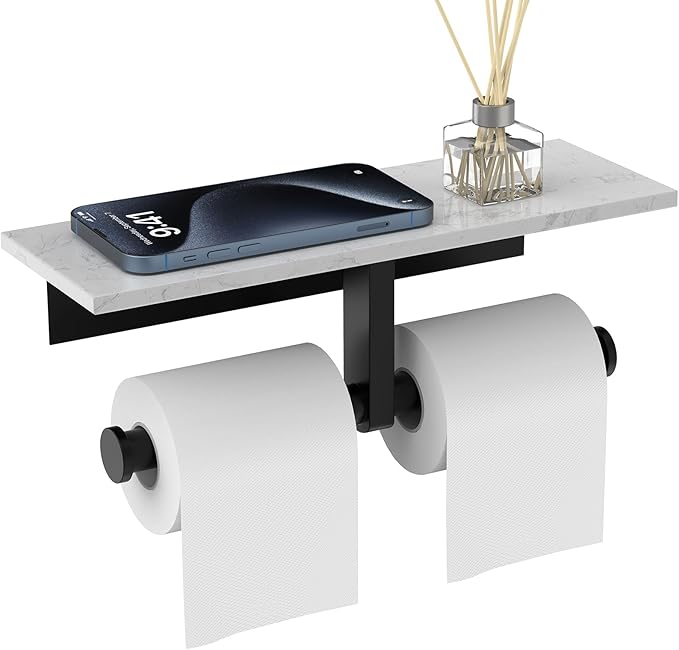 Marble Toilet Paper Holder with Shelf,Doulble Bathroom Tissue Roll Holder,304 Stainless Steel Toilet Paper Holder Wall Mounted,Modern Tissue Holder for Bathroom Washroom,Matte Black