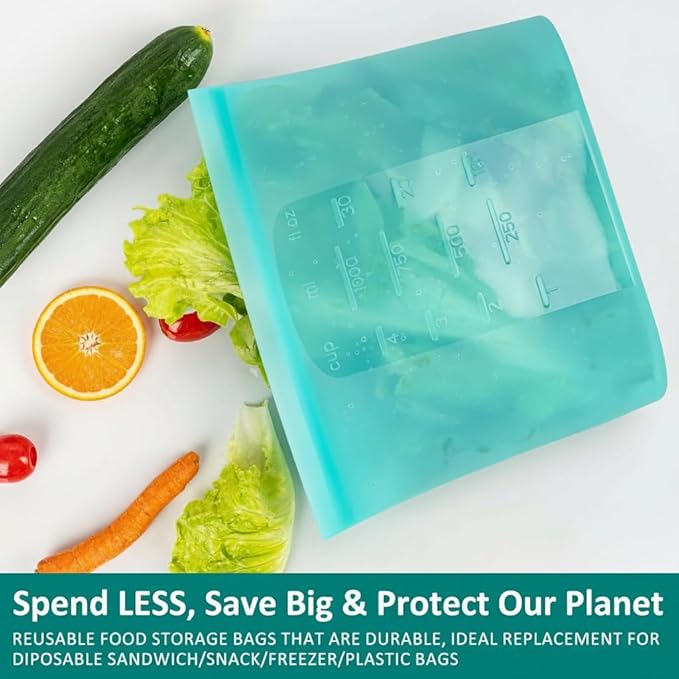 8-Pack Reusable Silicone Food Storage Bags, 100% Silicone Stand-Up Wide-Open Zip-Lock Reusable Storage Bags for Food, Freezer Microwave Oven Dishwasher Safe, Aqua, 4S 4XS