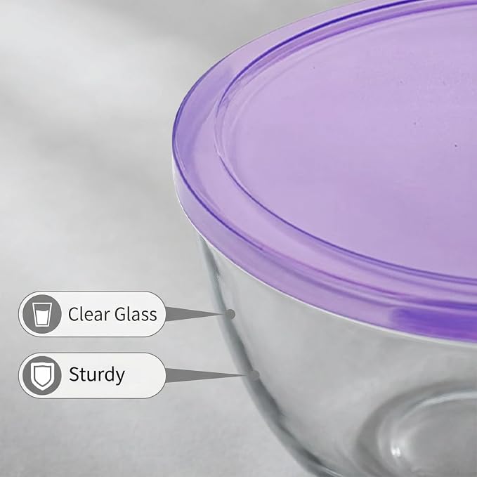 Large Glass Bowl for Sourdough Bread Making with Lid, 5Quart Deep Big Glass Bowl Large Salad Bowl with 8oz Small Bowls(Purple)