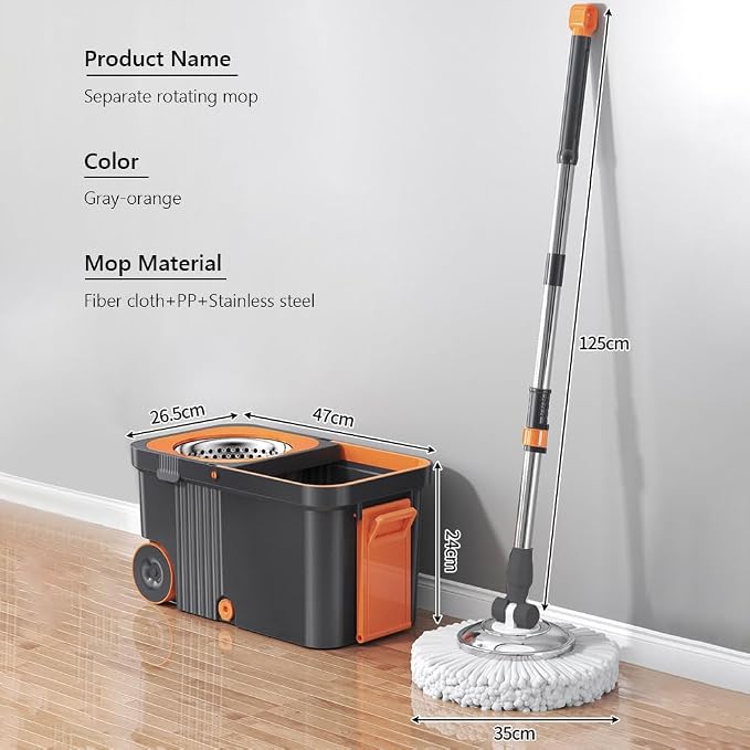 Household Cleaning Automatic with 6 Replacement Head Refills Extended Handle Hand-Free Automatic Dehydration Mop Cleaning with Bucket for Household Floor Cleaning (Grey Orange)