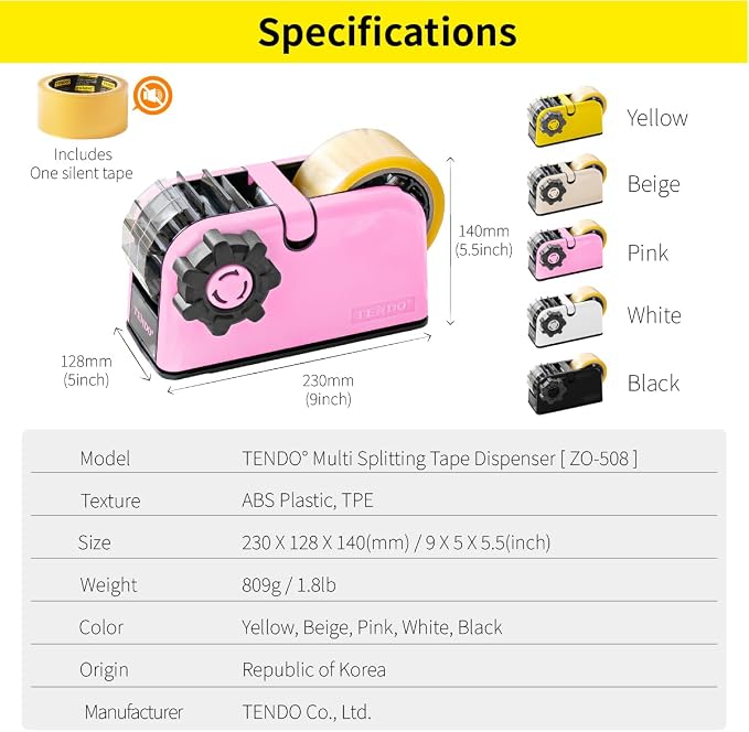 [TENDO°] TENDO Multi-Section Tape Dispenser, Custom Width Tape Cutter with 4 Cutting Sections, Built-in Safety Blade, Ergonomic Grip for Packing and Office Use, ZO-508(Pink)