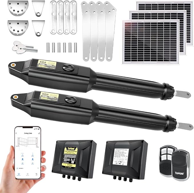 TOPENS XD852S Smart Gate Opener for Heavy Duty Solar Dual Swing Gates Up to 18ft per Arm, Automatic Gate Opener with App Control AC Powered Remote Control Kit Solar Panel Included