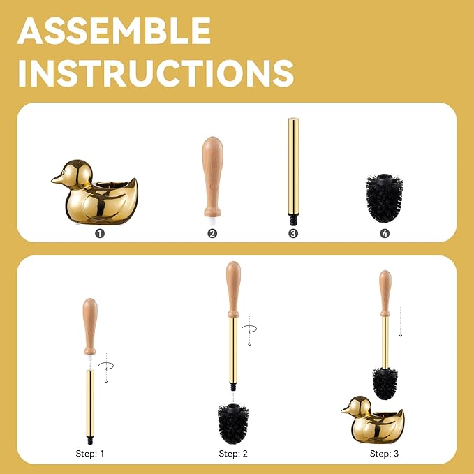 Gold Toilet Brush and Holder Set - Wooden & Stainless SteelHandle Gold Toilet Bowl Brush and Holder with Replaceable Head- Dense Bristles for Thorough Cleaning,Duck Design for Bath Decor Storage