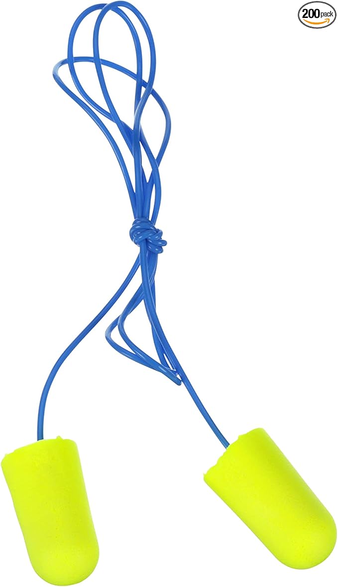 3M Ear Plugs, E-A-Rsoft Yellow Neons 311-1251, 200 Pair of Disposable Earplugs, Pairs Individually Wrapped, Slightly Longer, Corded, 33 NRR, Tapered Cylinder Shape, Slow Recovery Foam