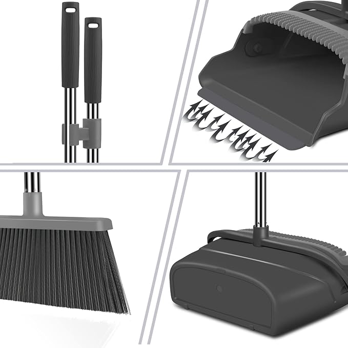 Broom and Dustpan Set for Home, Office, Indoor&Outdoor Sweeping, Stand Up Broom and Dustpan (Black&Gray)