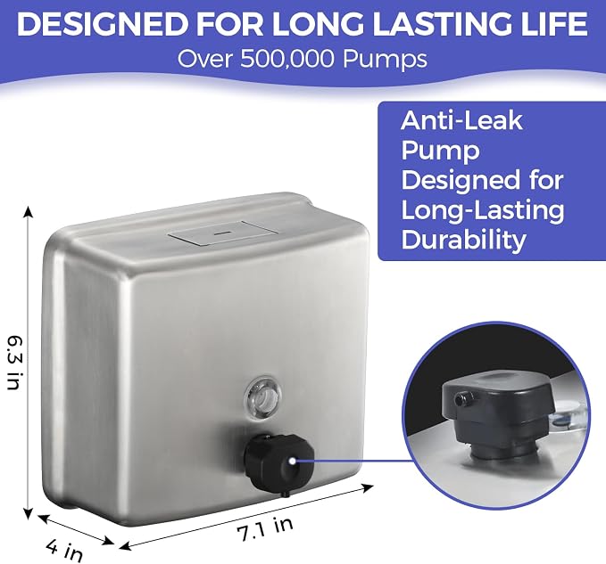 Stardrix Stainless Steel Extra Large 1400ml/47oz Capacity Industrial Grade Soap Dispenser, Commercial Wall Mount Bathroom Hand Soap Dispenser with Corrosion Proof Lining and Anti-Leak Pump