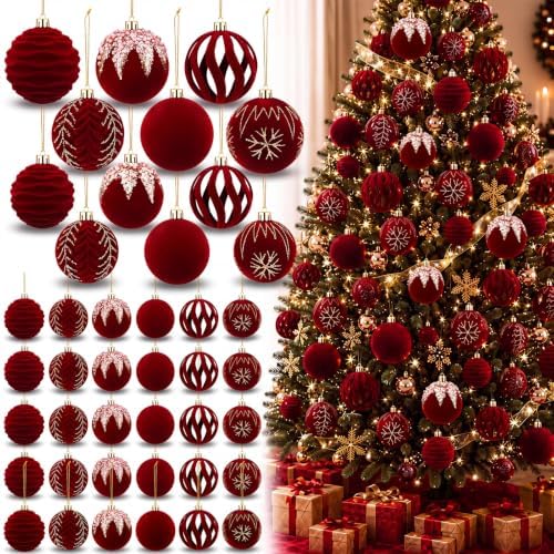 Duraaamo 30 Pcs Burgundy Red Velvet Christmas Ball Ornaments Set