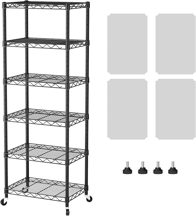 SINGAYE 6 Shelves Storage Shelf Wire Shelving Unit Metal Adjustable Wheels | Small Shelf Storage with Wheels Organizers Closet Unit for Bathroom Laundry Room Kitchen Pantry11.5D x 17.5W x 61.5H Black