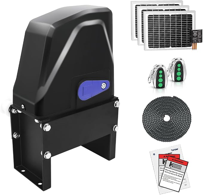 TOPENS DKC1100S Solar Sliding Gate Opener Chain Drive Automatic Gate Motor for Heavy Driveway Slide Gates Up to 2600 Pounds, Electric Gate Operator Battery Powered with Solar Panel Remote Control Kit
